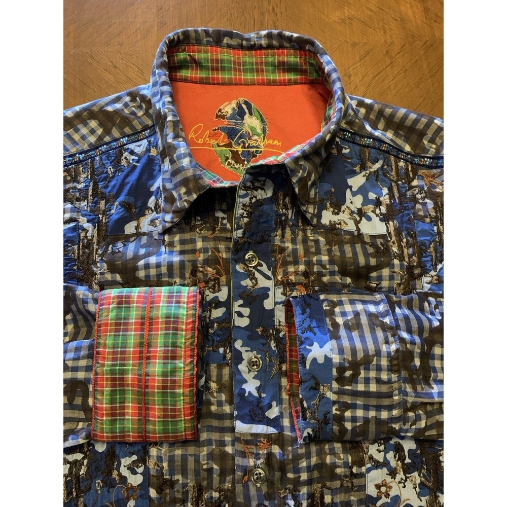 Robert Graham Blue Floral Camo Limited Edition Embroidered Shirt Men's L **Read - Picture 7 of 16